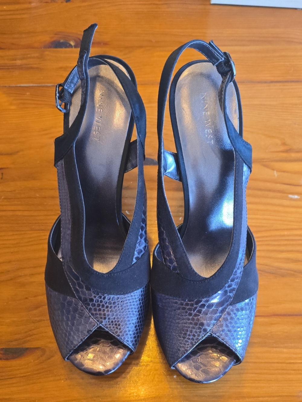 Nine West Black Snakeskin-Texture Slingback Peep-Toe Heels